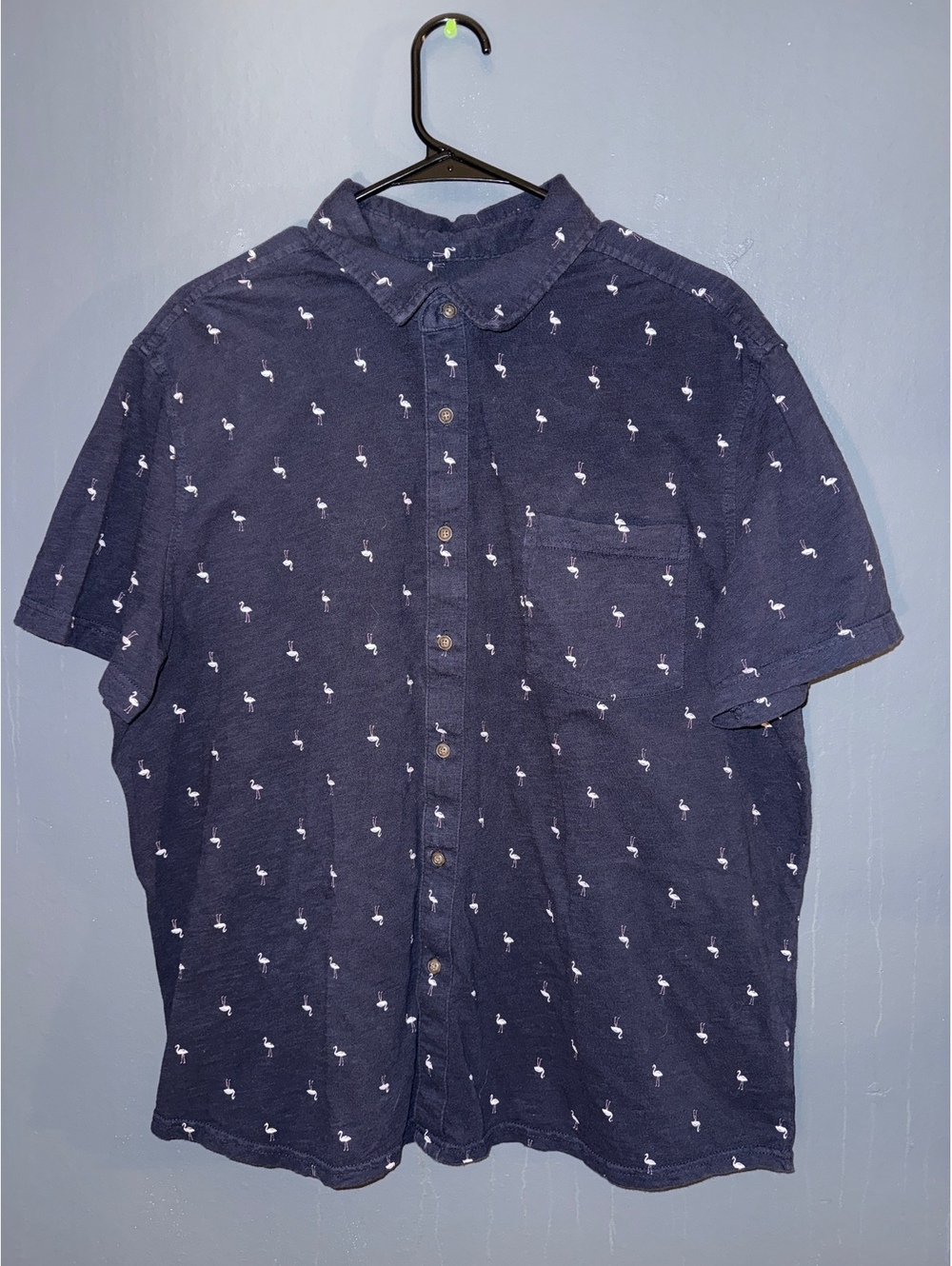 Goodfellow & Co Men's Navy Blue Flamingo Print Short Sleeve Button-Up Shirt XL